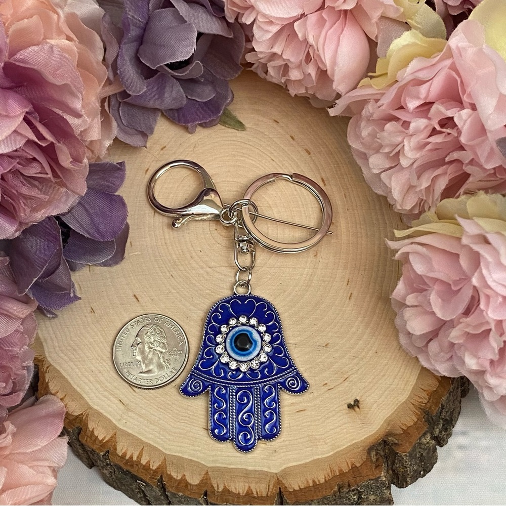 Bohemian Blue Crystal Hamsa Hand with Evil Eye Keychain - Picture 13 of 13